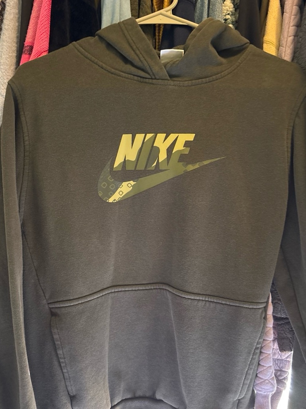Nike Olive Green Kids Logo Hoodie with Yellow Accents